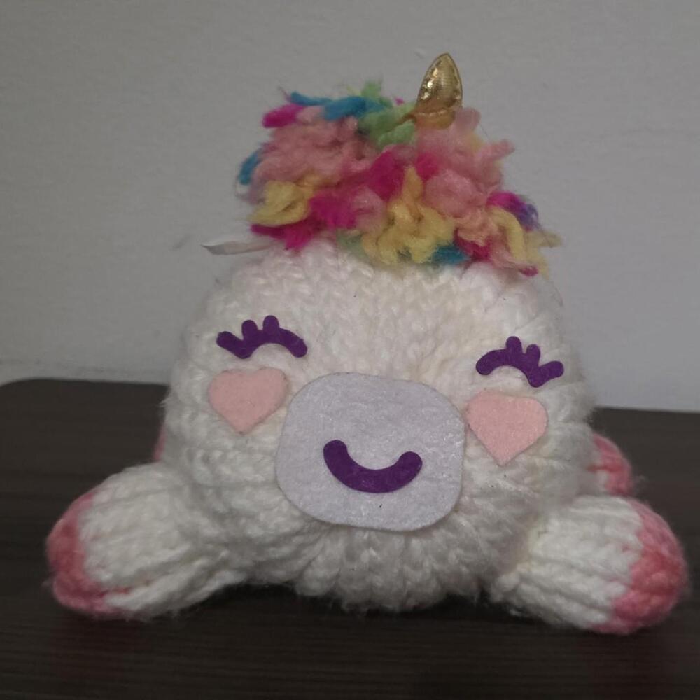 White unicorn plushie with rainbow mane and pink hooves #kawaii #rainbow